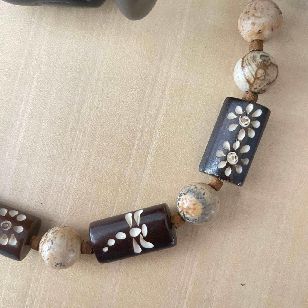 Chunky Petrified Wood & Carved Wood Bracelet Flower Dragonfly Bracelet