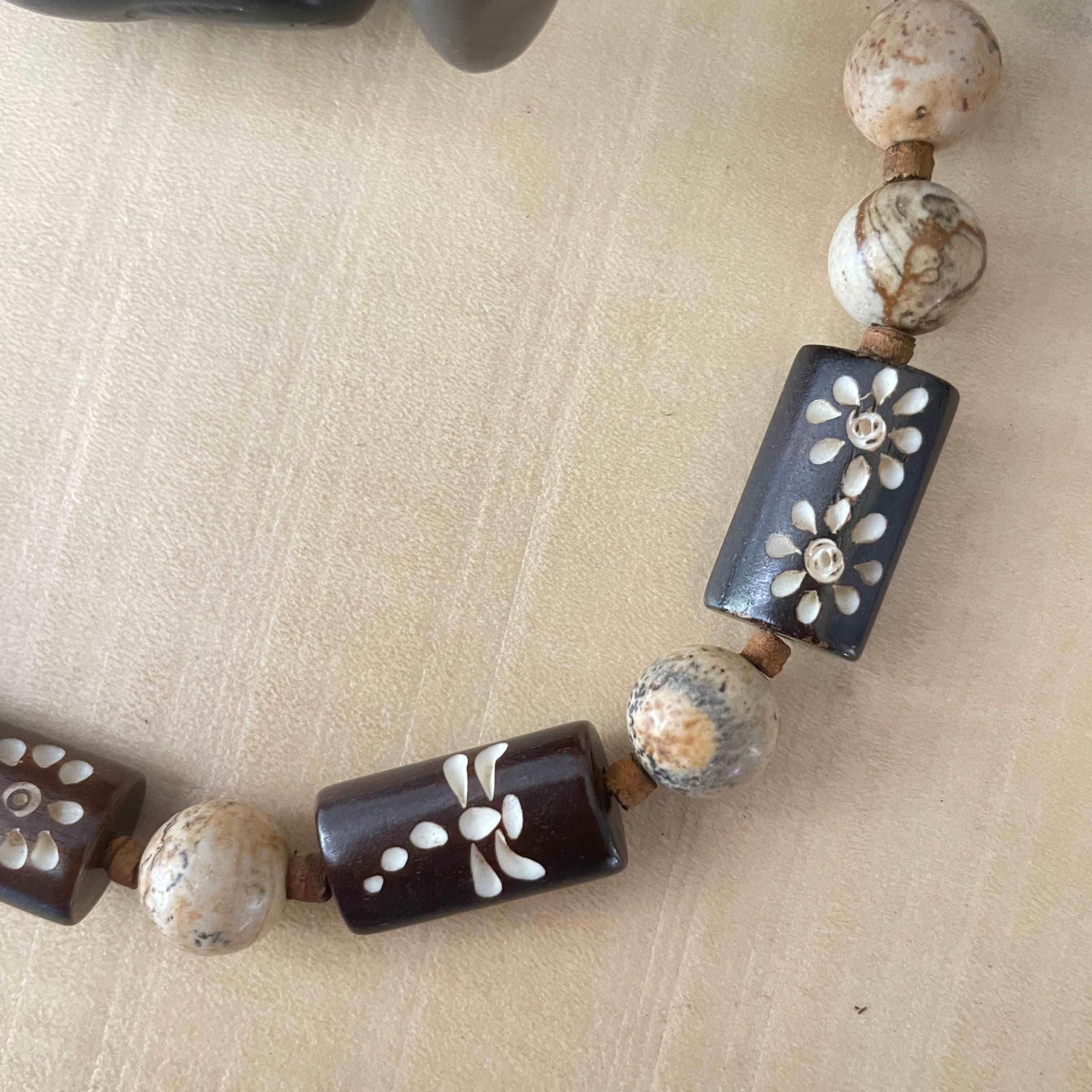 Chunky Petrified Wood & Carved Wood Bracelet Flower Dragonfly Bracelet