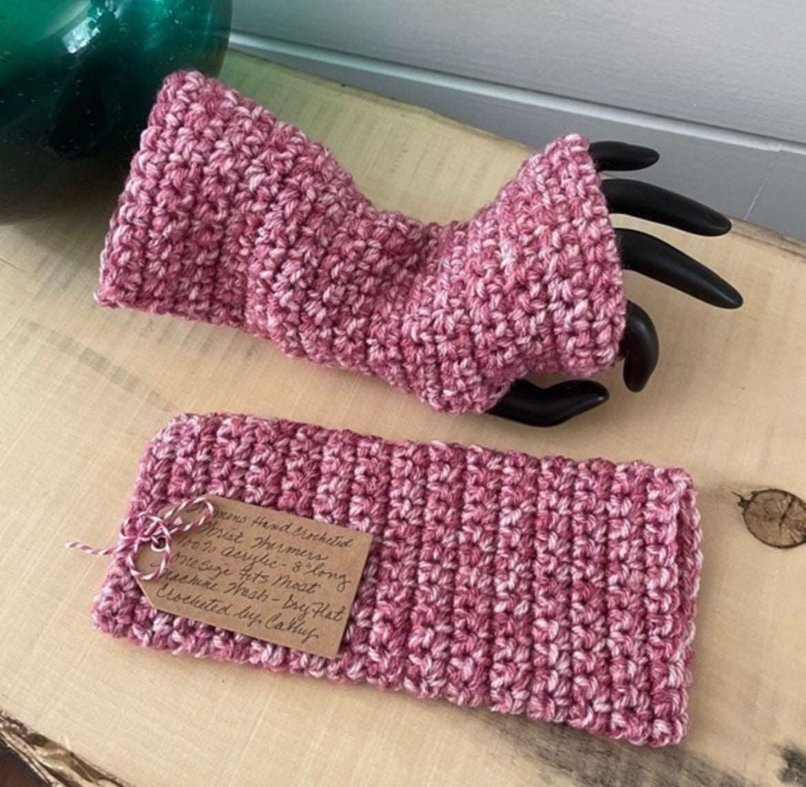 Fingerless Gloves in Pink Marble Gaming Texting Hand Crocheted Wrist Warmers