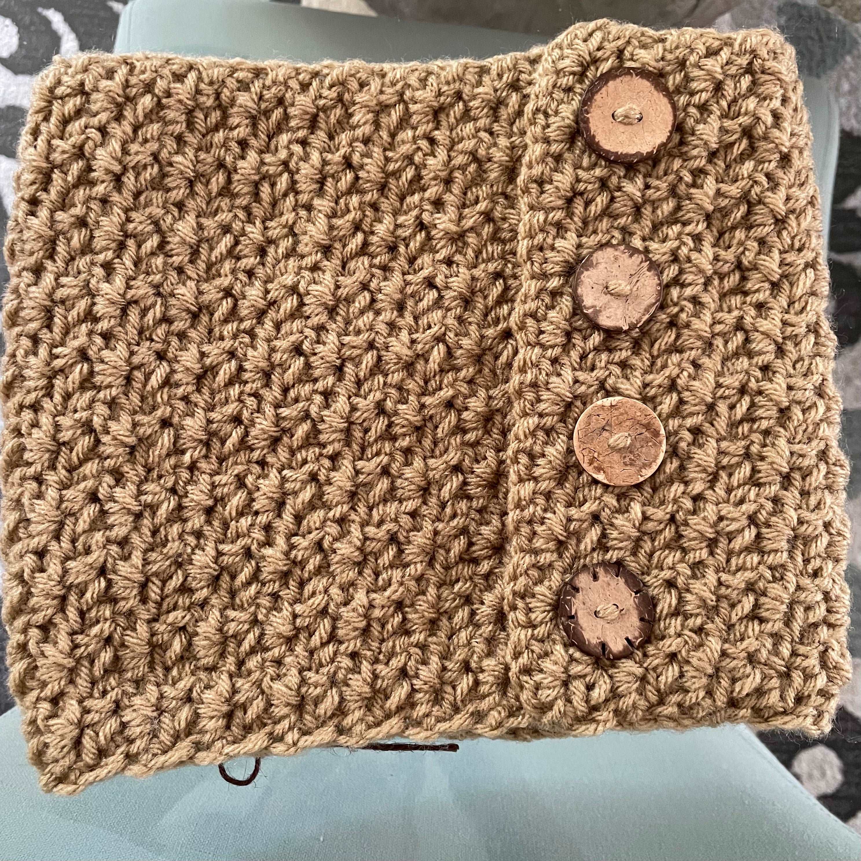 Salted Caramel Taupe Cowl Scarf Embellished Button Accents Unisex Crochet Knit