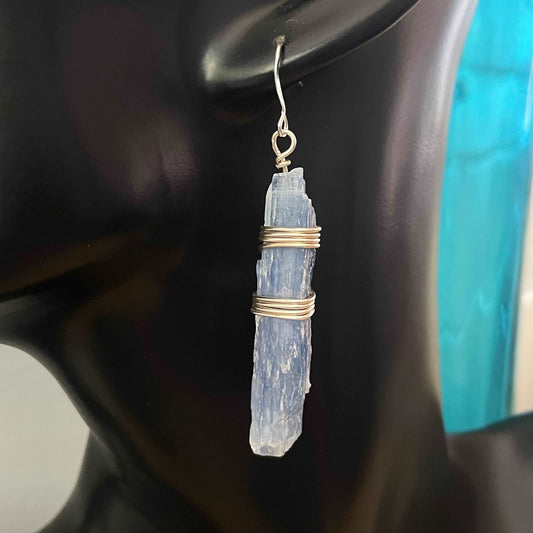 Wrapped Blue Kyanite Statement Earrings 2.5” Handmade Boho