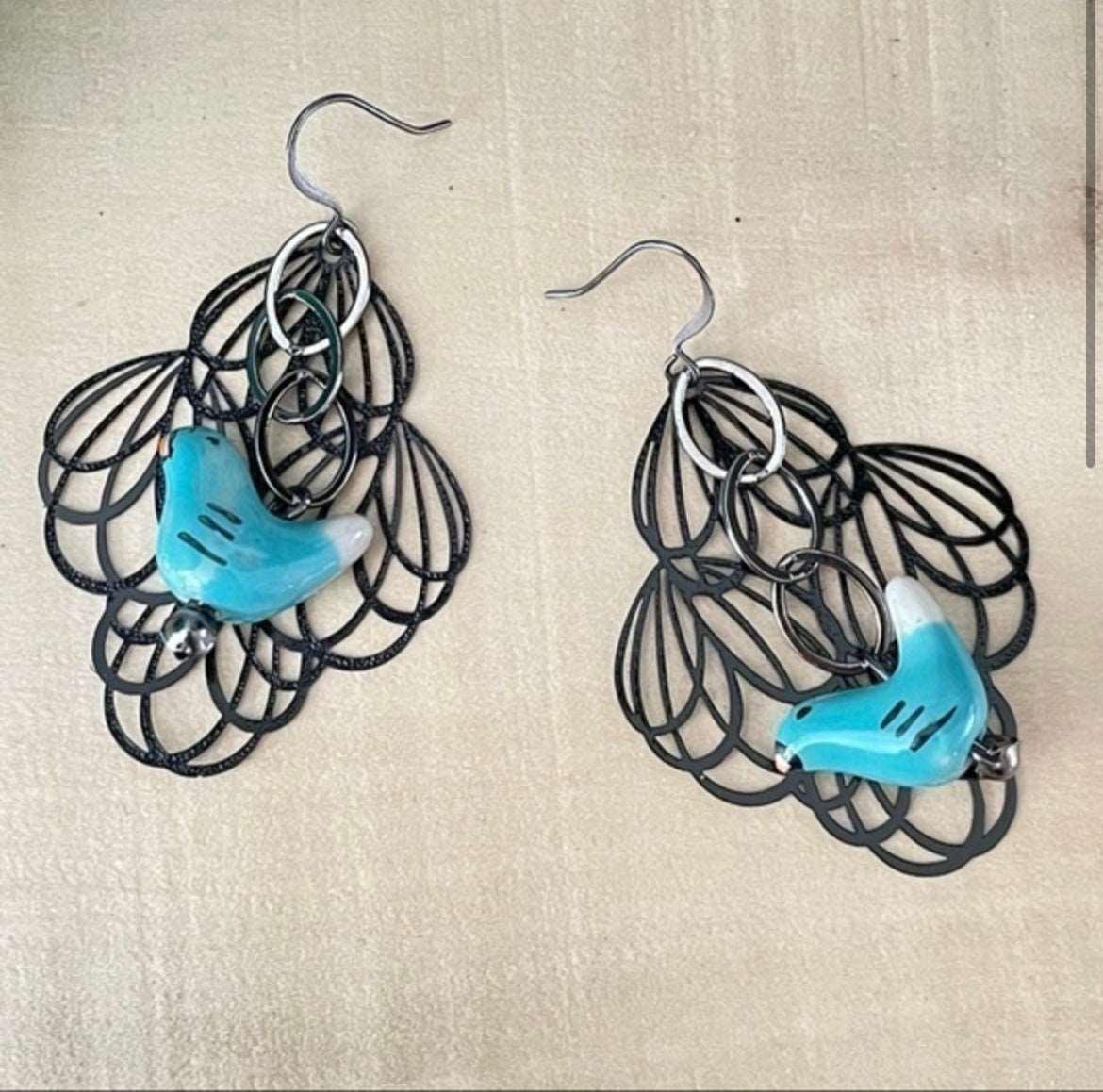 Ceramic Blue Bird & Black Filigree Statement Dangle Earrings 2.5” Chain Mixed Metal Art Deco