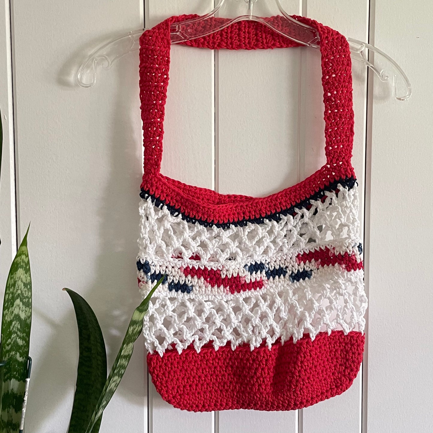 Navy Blue White Red Bottom Tote Bag Purse Cotton Reusable Boho Multicolor Hand Crocheted Knit Coastal Resort Beach