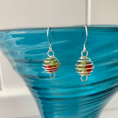 Wire Sphere & Multicolor Mini Glass Bead Earrings 1.25" Red Green Lightweight Casual Dainty Delicate