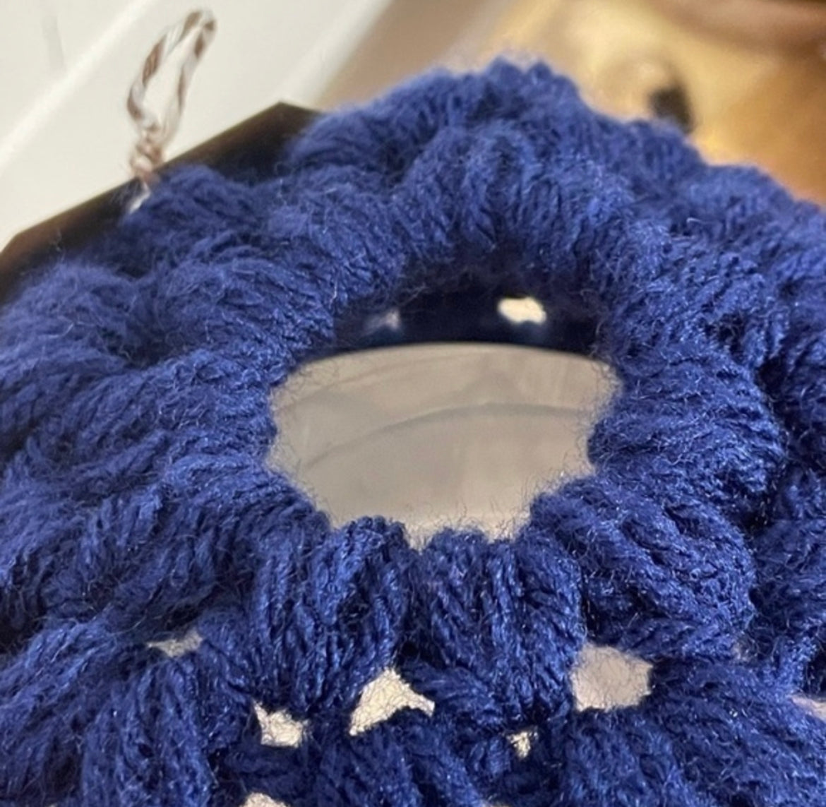 Royal Blue Messy Bun Ponytail Hat Open Puffy Stitch Hand Crochet Knit Outdoor Walking Hiking Active Athletes Winter