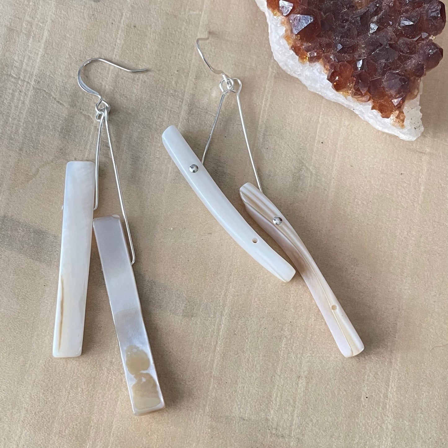 Long Ivory Shell Dangle Earrings 3.25" Iridescent Coastal Beach Resort Cream
