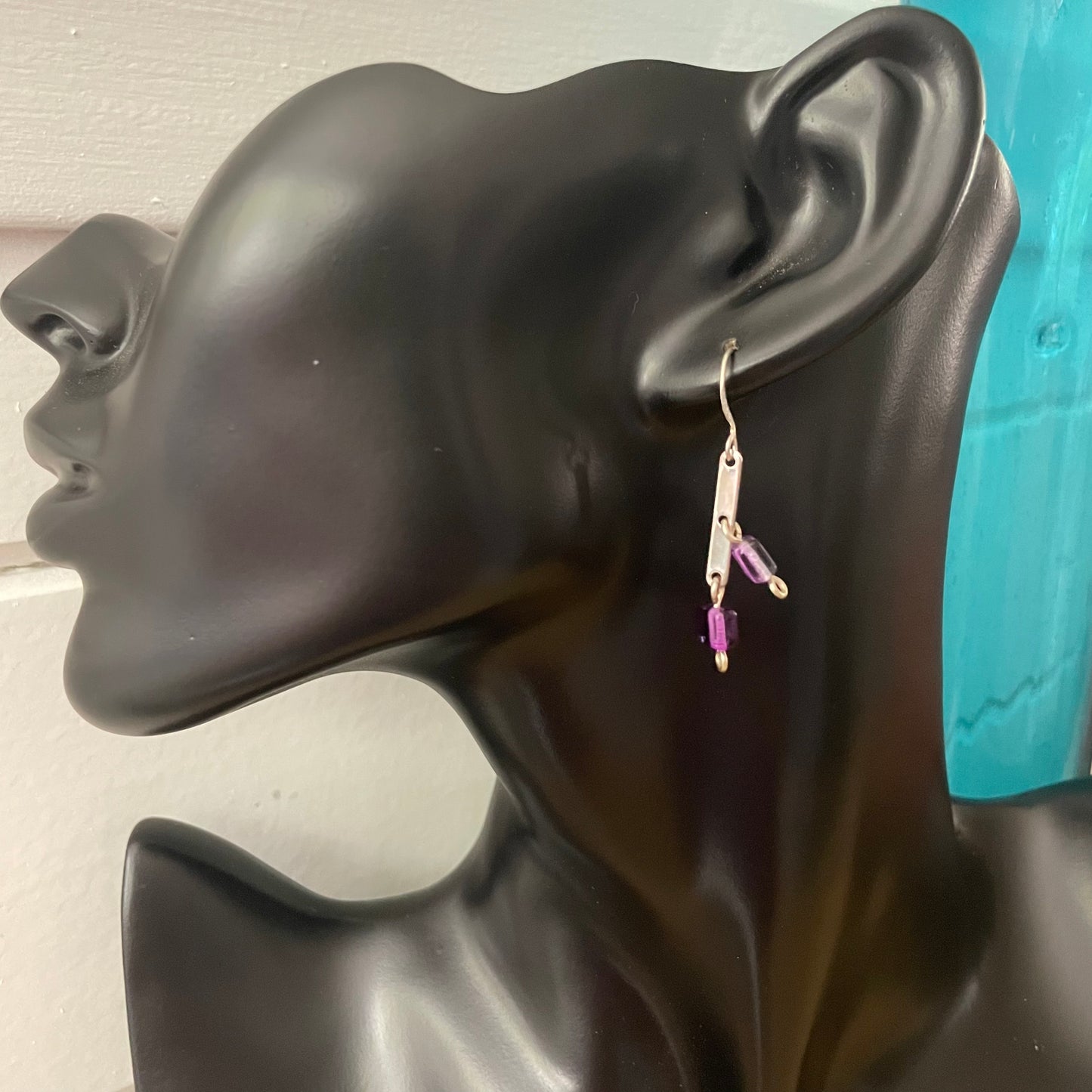 Square Purple Glass Bead & Mini Metal Spacer Bar Earrings 1.75” Industrial Repurposed Upcycled
