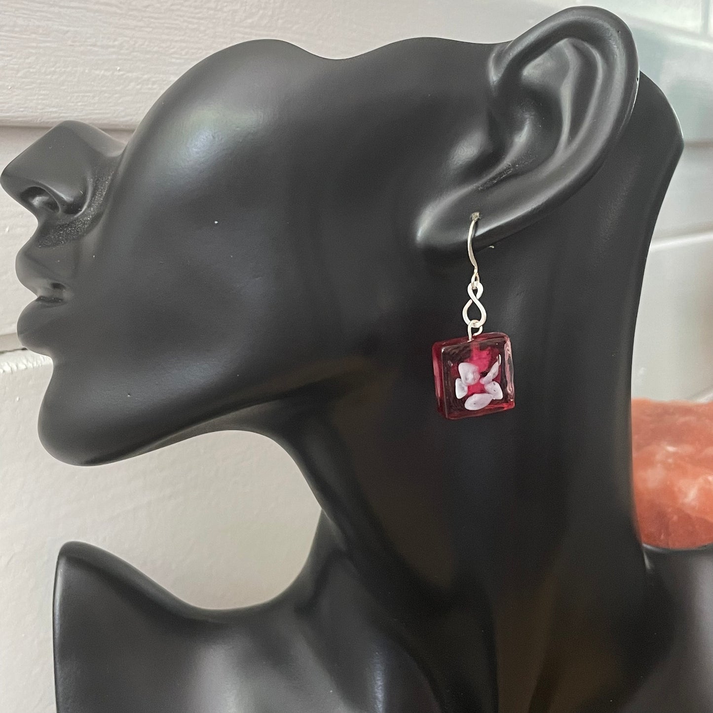 Square Glass Abstract Flower Earrings 1.5" Red Purple White Spring Summer Boho