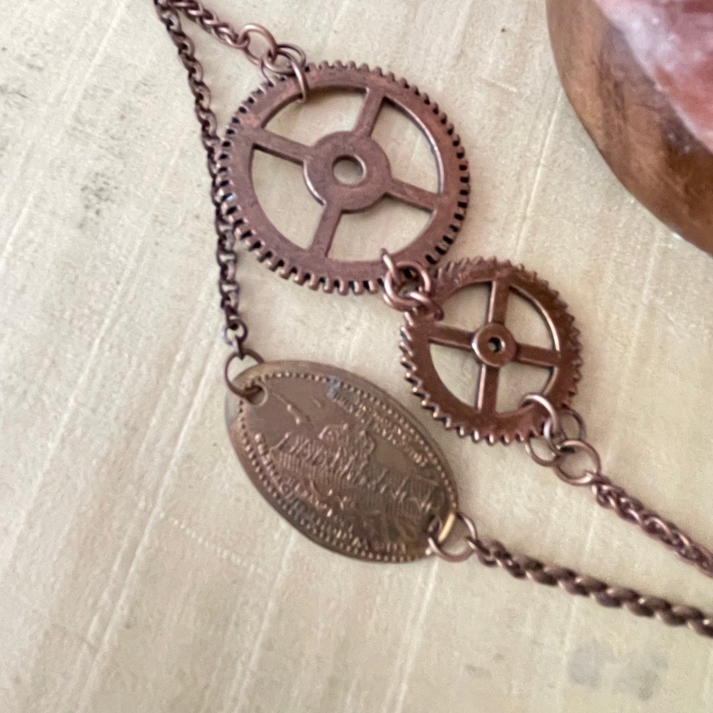 Long Flattened Penny Gear & Copper Chain Statement Necklace 28" Layered Upcycled Steampunk