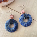 Sodalite Leather & Copper Statement Earrings 2" Blue Black Bold Geometric Women Gift Everyday Fashion Handmade Jewelry