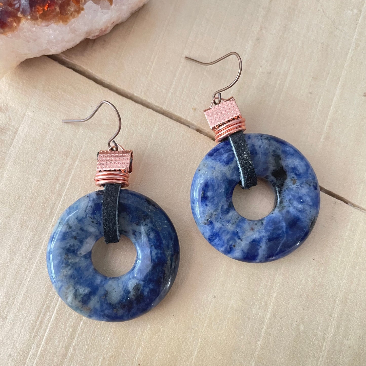 Sodalite Leather & Copper Statement Earrings 2" Blue Black Bold Geometric Women Gift Everyday Fashion Handmade Jewelry