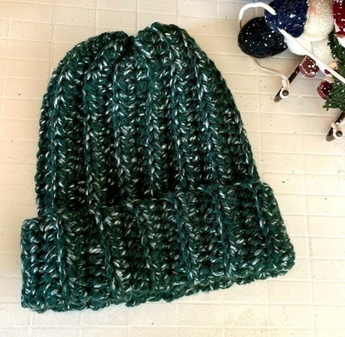 Extra Warm Ribbed Cable Knit Hat Forest Green & White Marbled Hand Crocheted Beanie 16.5" Winter Unisex Outdoor Stretch Adjustable Cuff