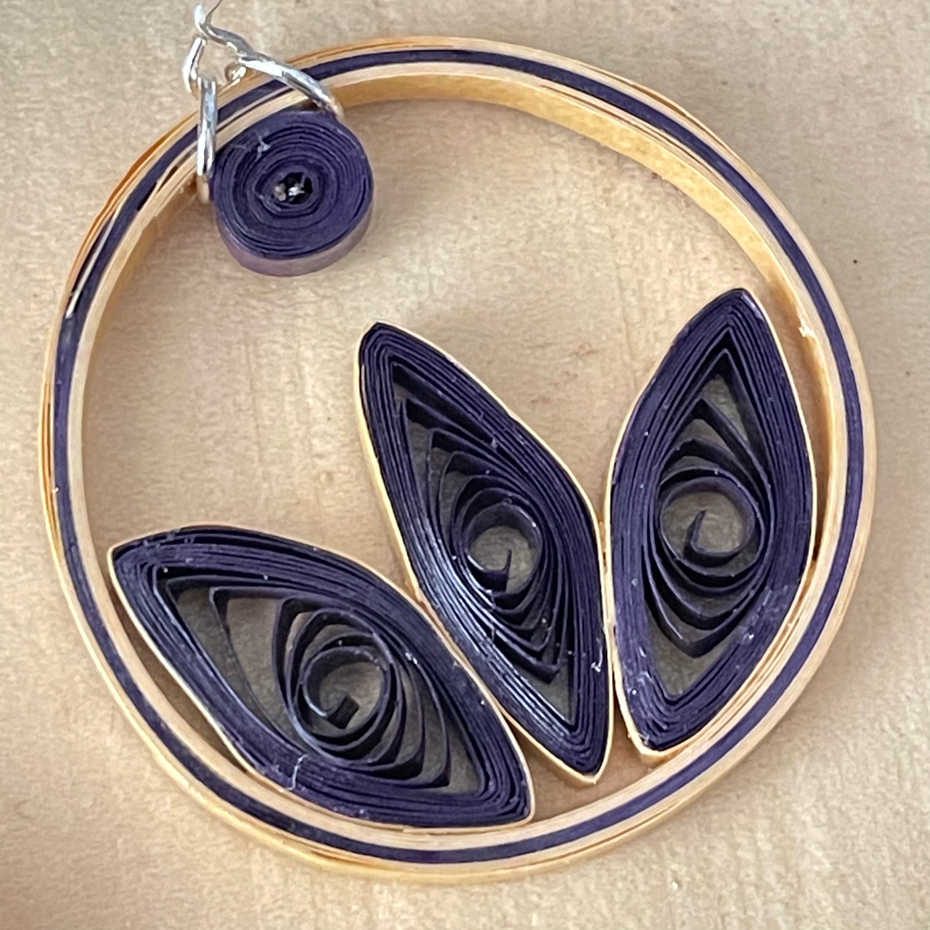 Dark Purple & Tan Quilled Paper Hoop Earrings 2" Floral Geometric Boho Upcycled Repurposed Unique Statement