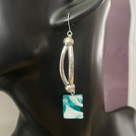 Swirled Turquoise Blue White Glass Bead & Curved Silver Bar Earrings 2.75” Long Geometric