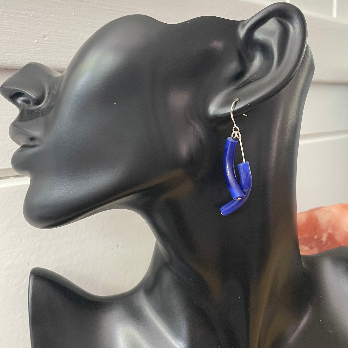 Dangling Dark Blue Curved Glass Earrings 2" Colorful Bold Versatile Daily Wear