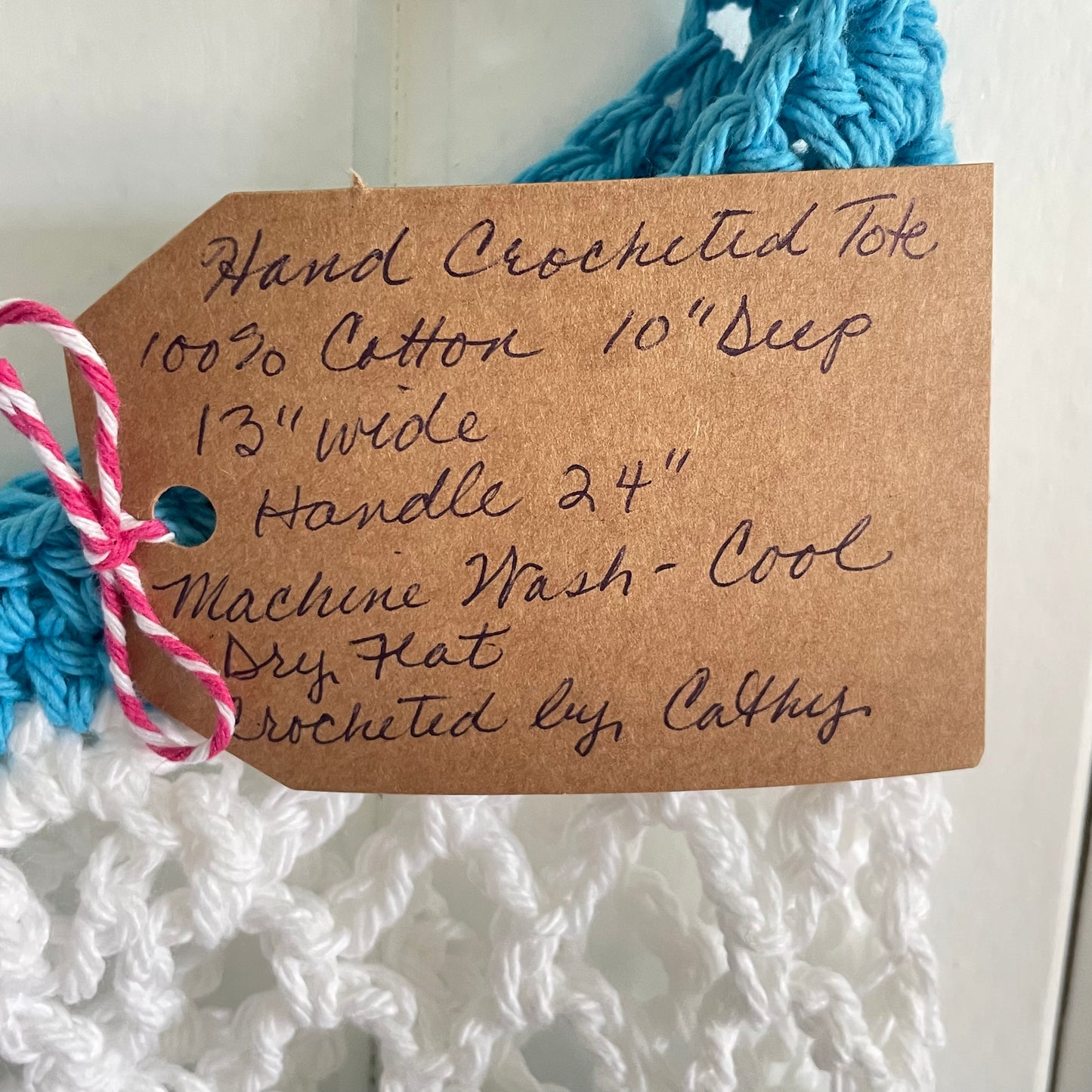 Ocean Waters Blue White Tote Shoulder Bag Purse Cotton Reusable Boho Multicolor Hand Crocheted Knit Coastal Resort