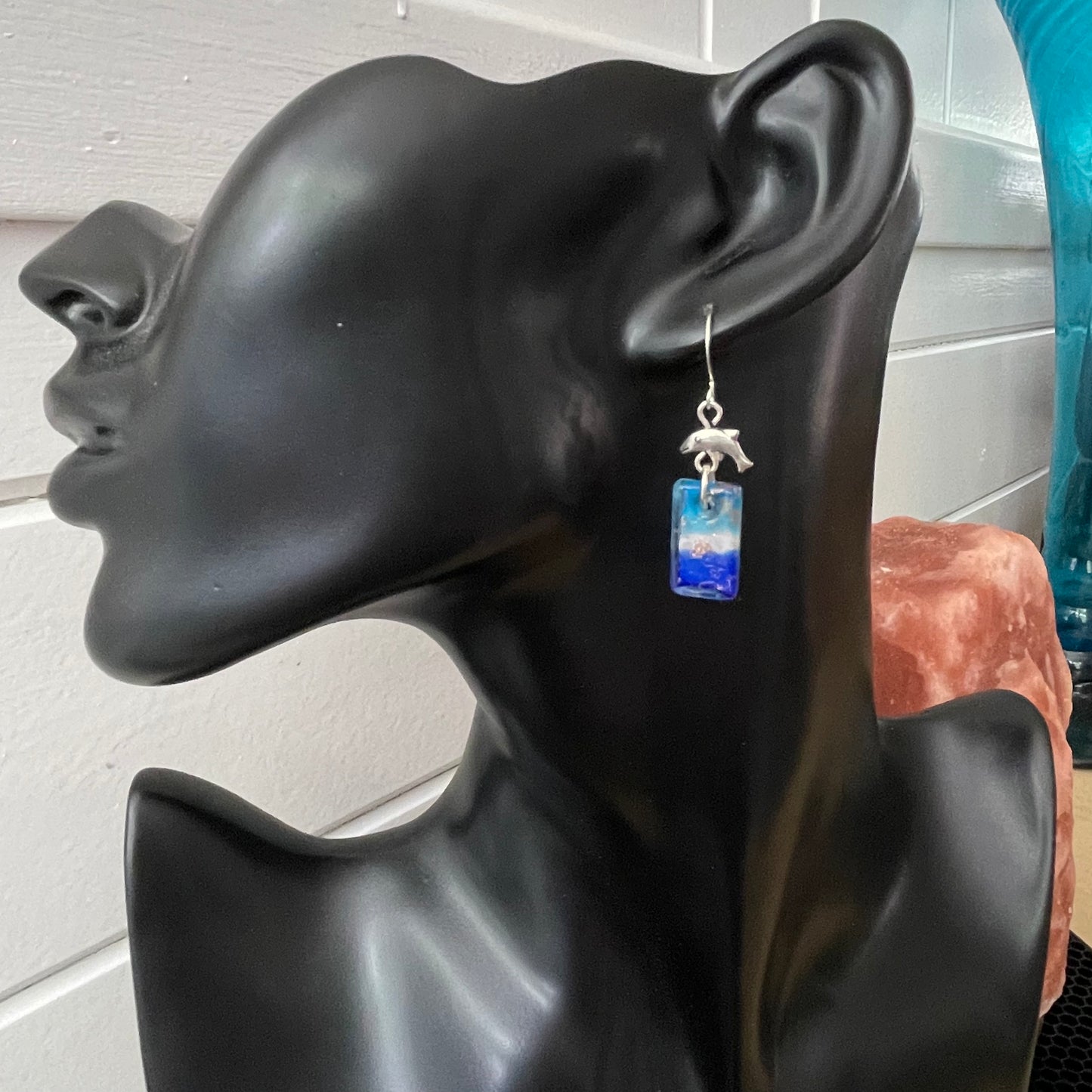 Mini Dolphin & Blue Swirl Glass Earrings 1.5" Coastal Ocean Sea