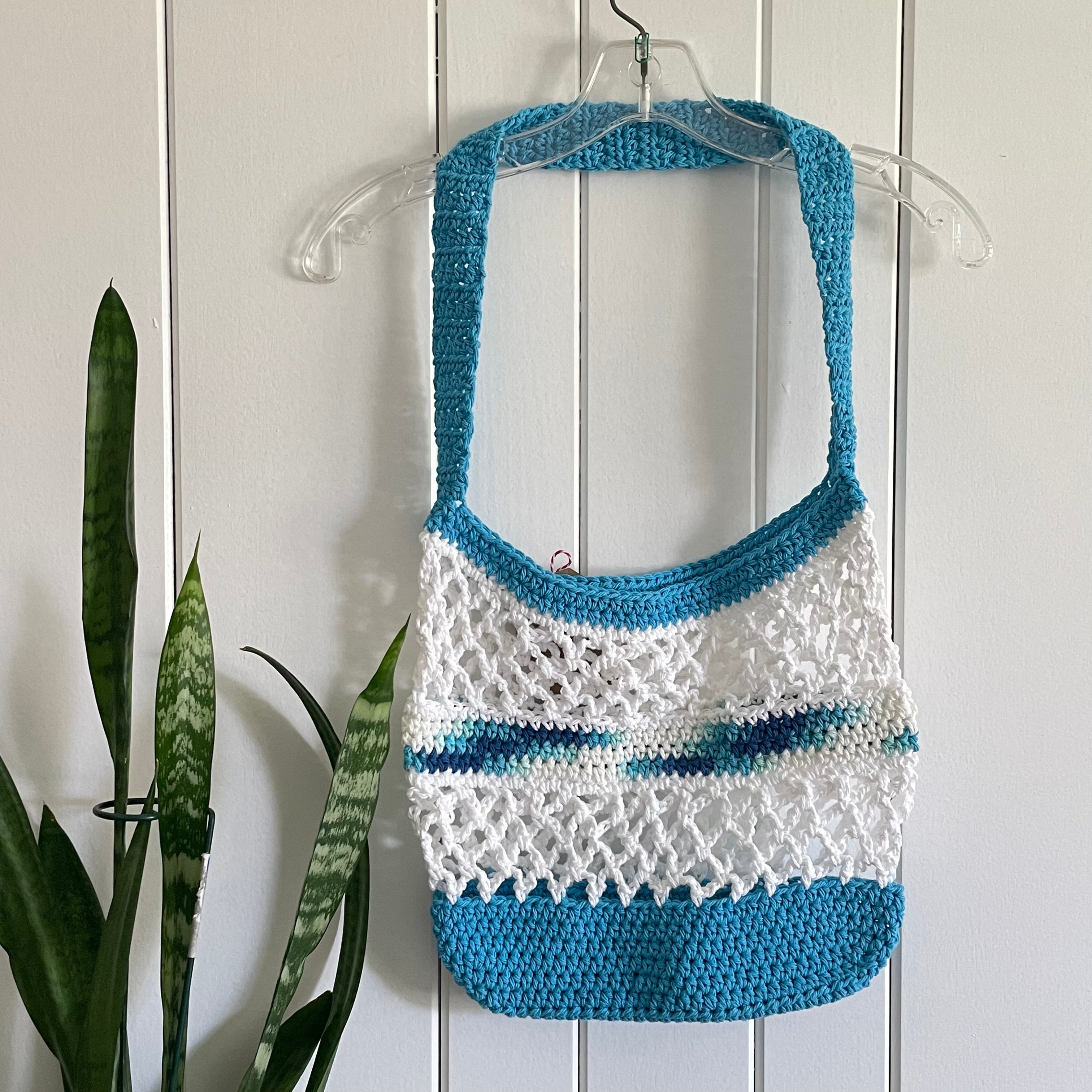 Ocean Waters Blue White Tote Shoulder Bag Purse Cotton Reusable Boho Multicolor Hand Crocheted Knit Coastal Resort