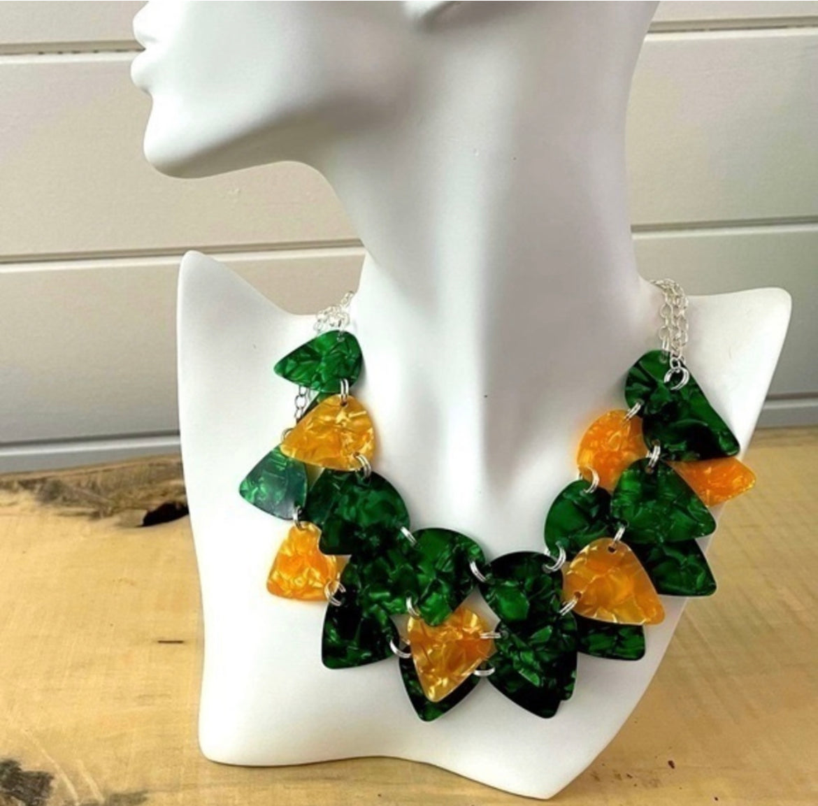 Layered Guitar Pick Statement Necklace Green Gold Punk Goth Rock Upcycle Repurposed