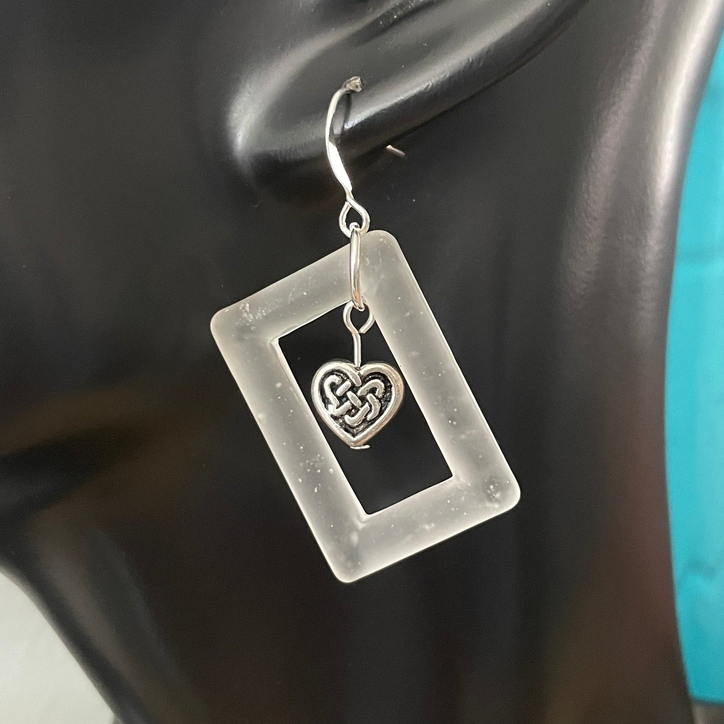 Frosted White Glass Rectangle & Mixed Metal Heart Dangle Earrings 2” Geometric Love