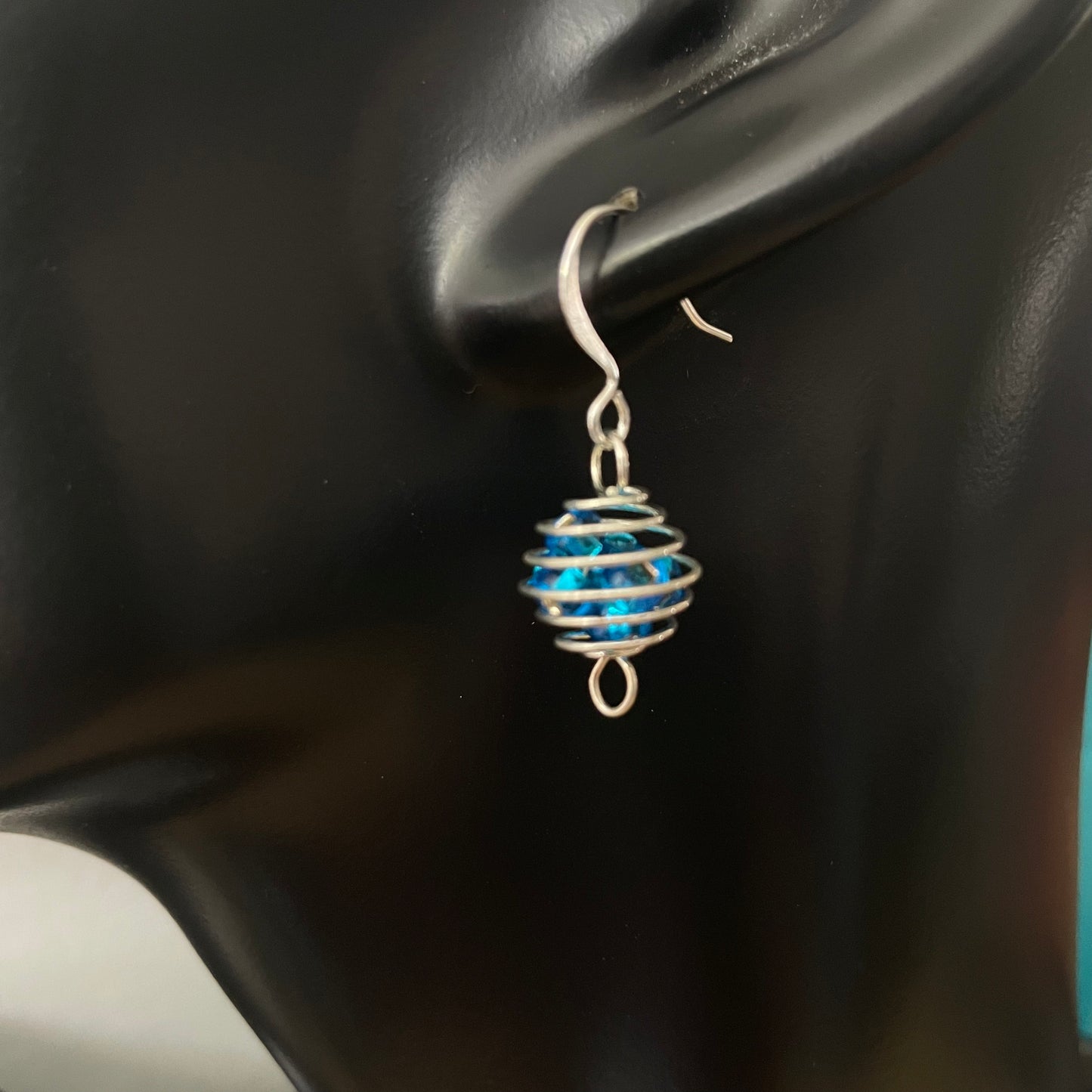 Wire Sphere & Mini Glass Bead Earrings 1.25" Blue Lightweight Casual Dainty Delicate