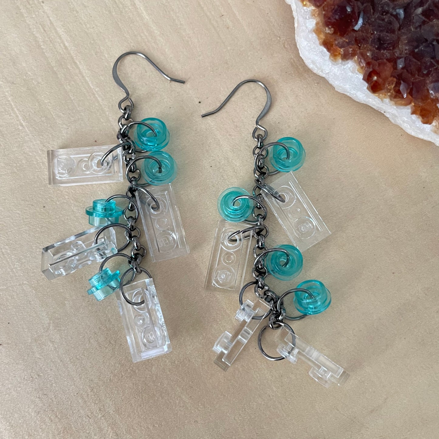 Long Geometric Building Block & Gunmetal Earrings 3" Dangle Playful Colorful Light Blue Clear Repurposed Upcycled Lego