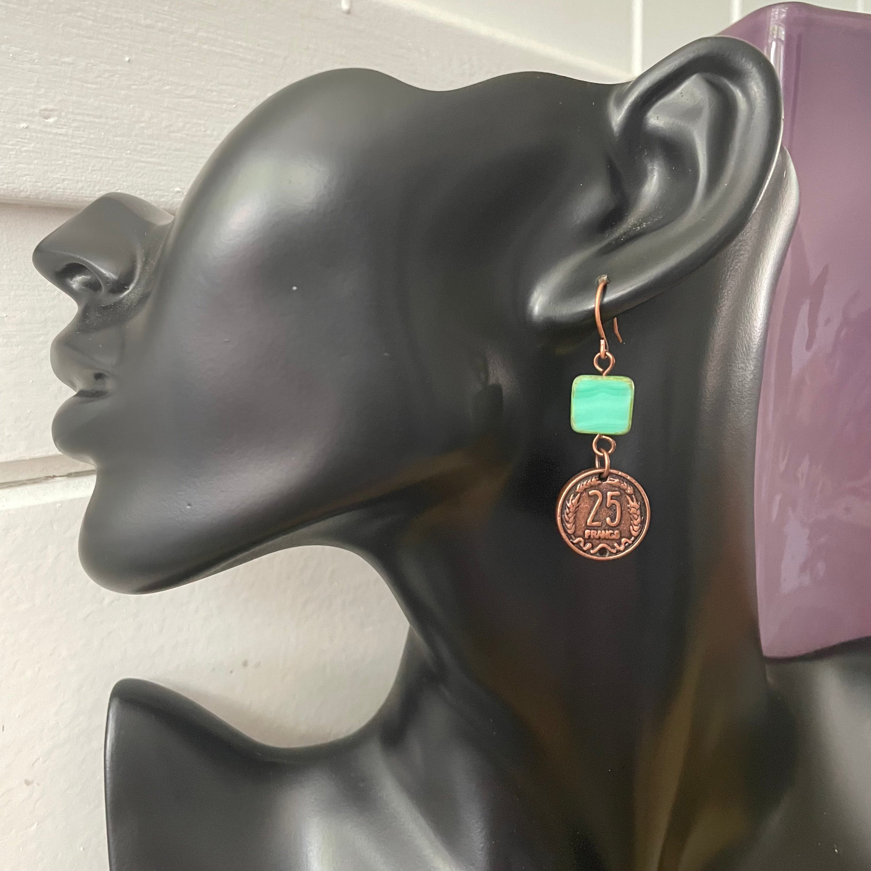 Repurposed French Coin & Blue Green Glass Drop Earrings 2” Copper Geometric Upcycled Women Gift Everyday Fashion Handmade Jewelry
