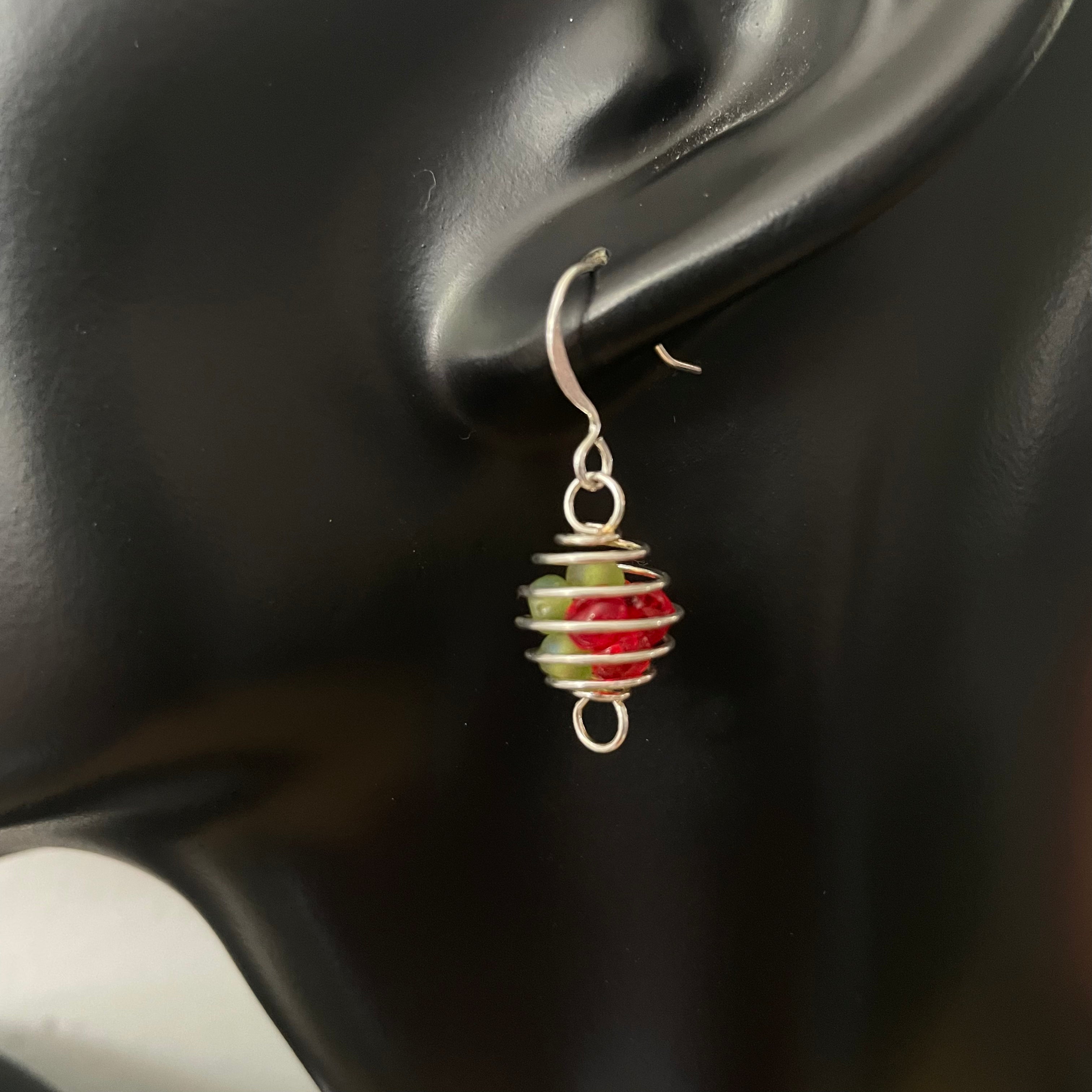 Wire Sphere & Multicolor Mini Glass Bead Earrings 1.25" Red Green Lightweight Casual Dainty Delicate