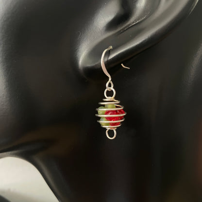 Wire Sphere & Multicolor Mini Glass Bead Earrings 1.25" Red Green Lightweight Casual Dainty Delicate