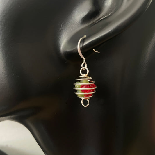 Wire Sphere & Multicolor Mini Glass Bead Earrings 1.25" Red Green Lightweight Casual Dainty Delicate