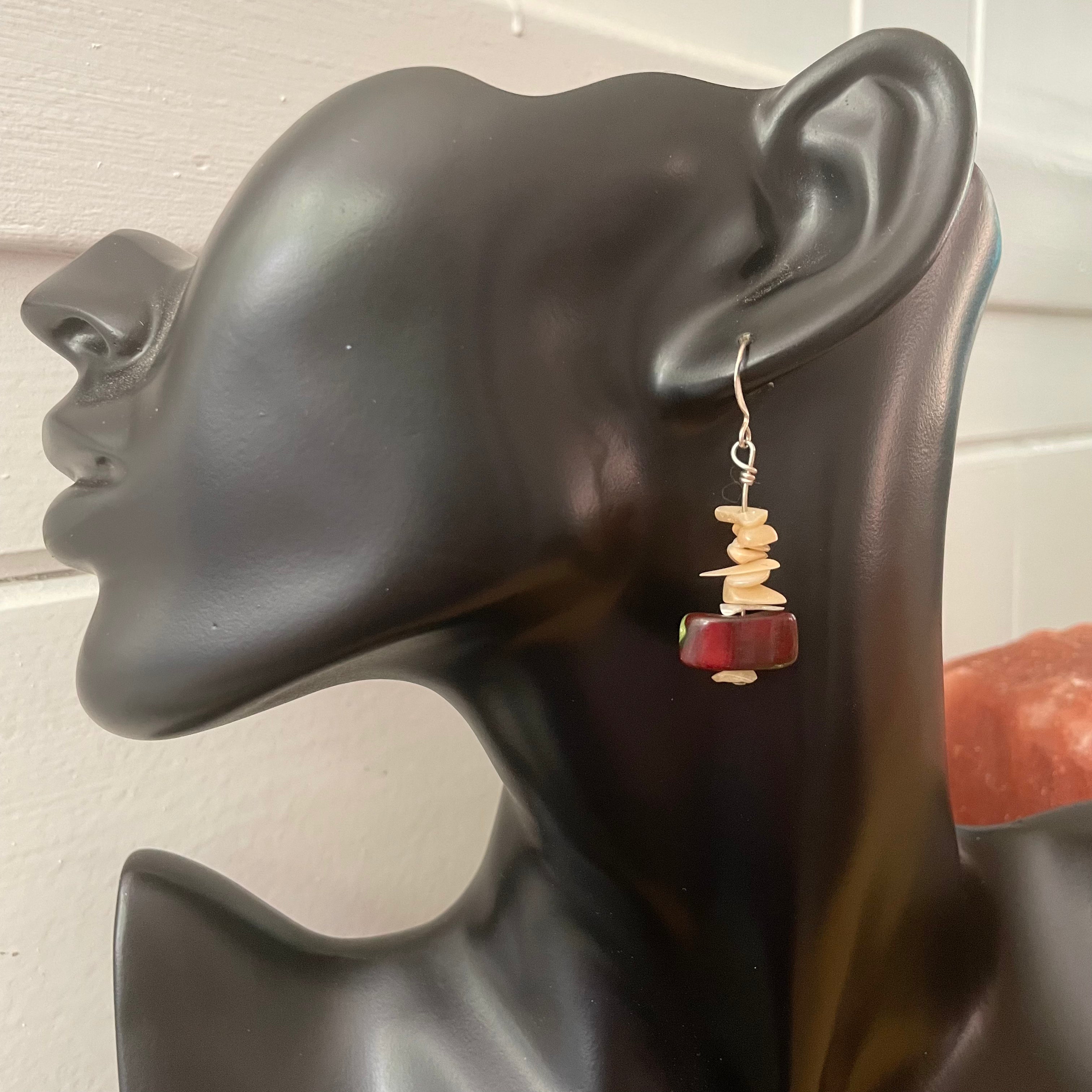 Iridescent Chunky Shell Dangle Earrings 1.75" Multicolor Cream Red Coastal Beach Vacation