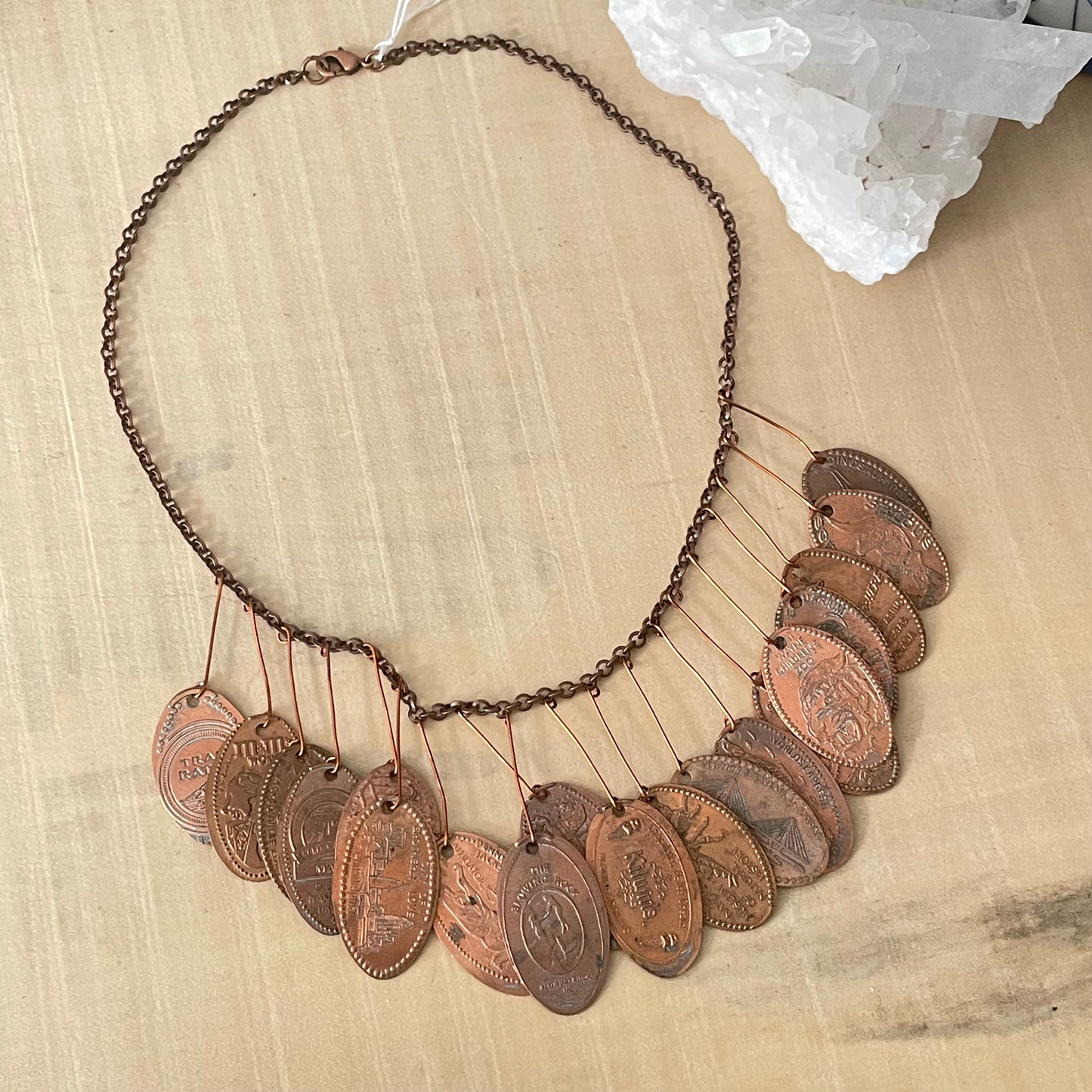 Unique Dangling Flattened Penny Statement Necklace 16.75" Drama Avant Garde Upcycled Industrial