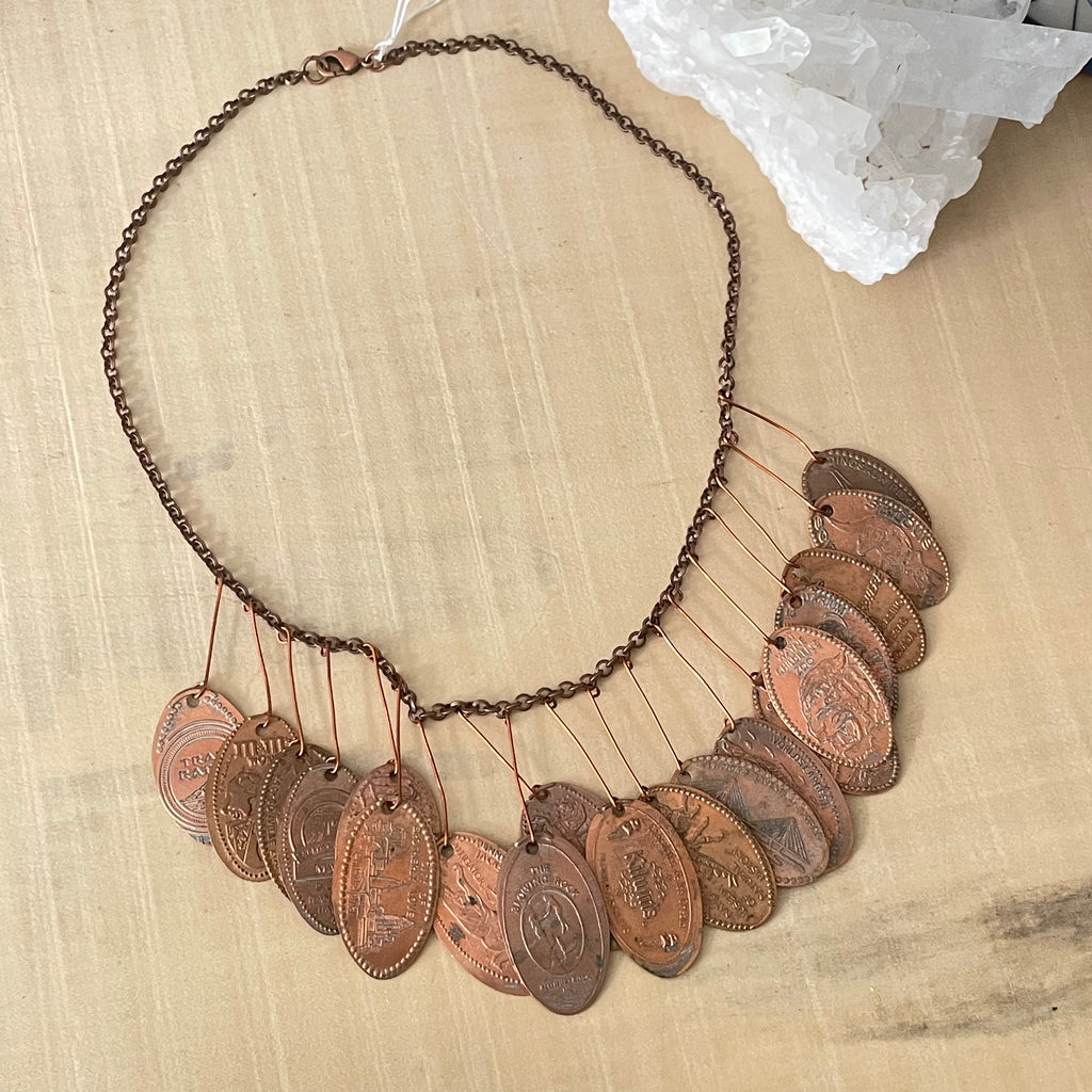 Unique Dangling Flattened Penny Statement Necklace 16.75" Drama Avant Garde Upcycled Industrial