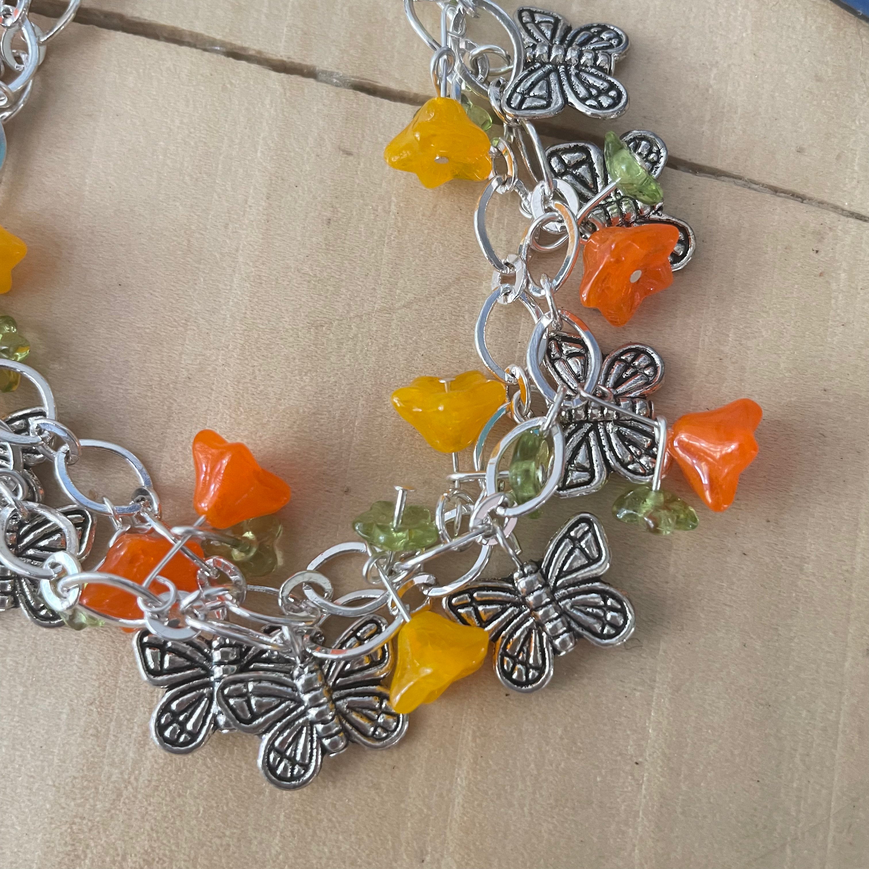 Layered Chunky Metal Butterfly & Flower Bracelet 7.5" Yellow Orange Green Spring Summer