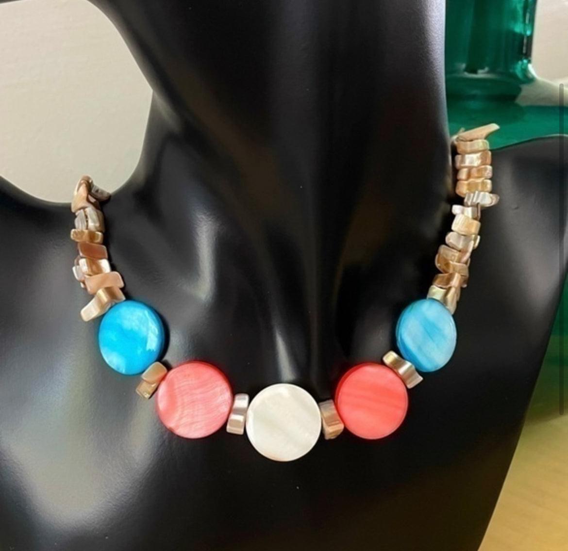 Chunky Iridescent Pastel Shell Trans Flag Necklace 21" Ivory Cream Pink Blue Ivory Cream Taupe LGBT Pride Ally
