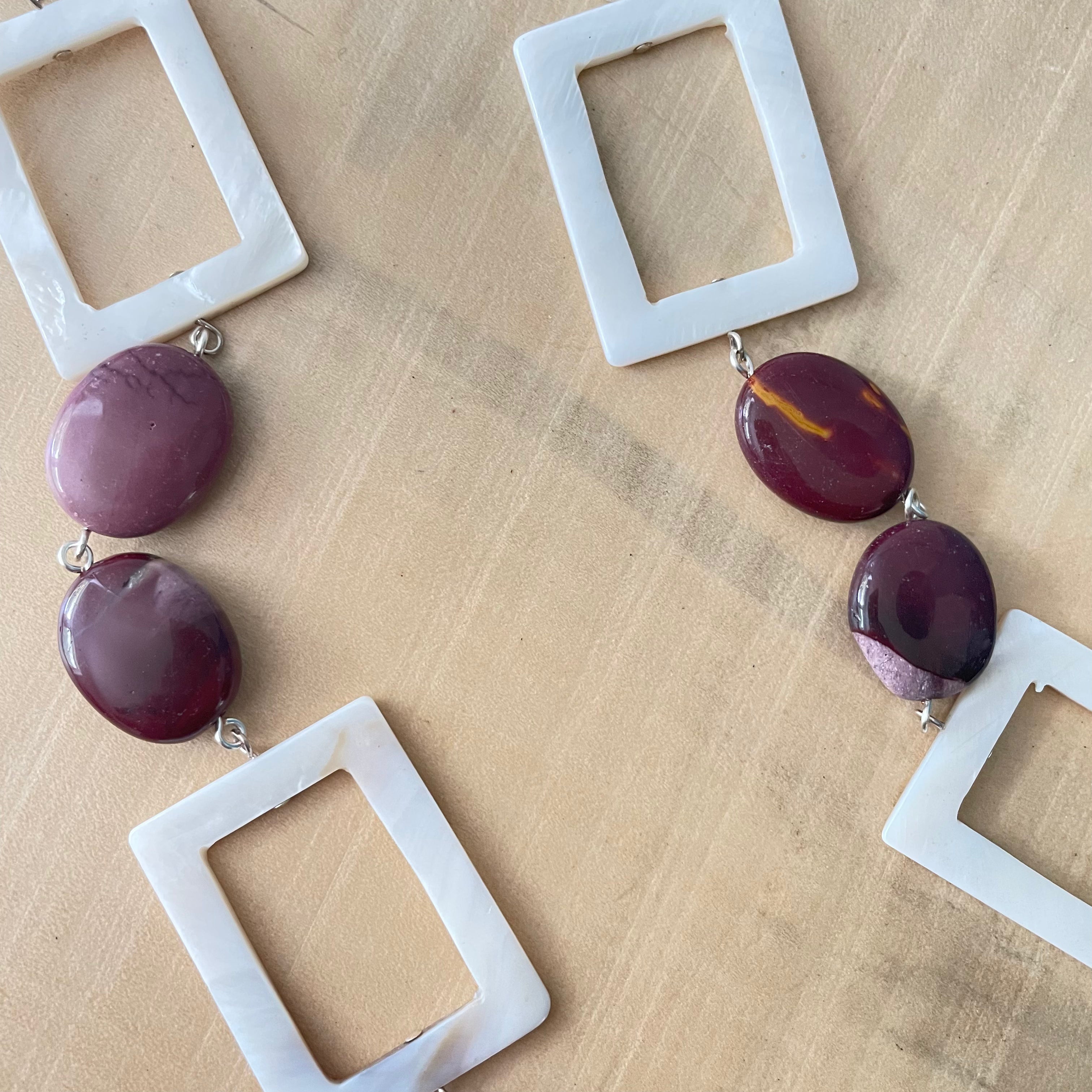 Marbled Moukaite Jasper & Iridescent Shell Necklace 29" Geometric Multicolor Mauve Cream Ivory Hand Crafted