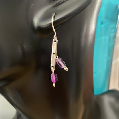 Square Purple Glass Bead & Mini Metal Spacer Bar Earrings 1.75” Industrial Repurposed Upcycled Women Gift Everyday Fashion Handmade Jewelry