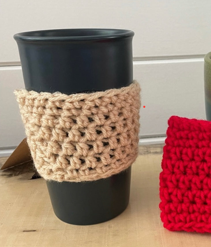 Solid Cream Single Cup Coffee Tea Cozy Crochet Drink Sleeve Reusable Recycle Koozie Accessory