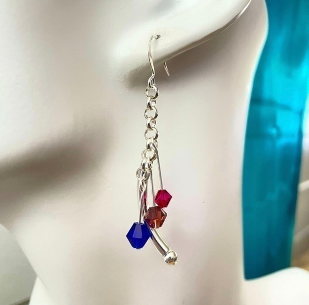 Swarovski Crystal & Curved Bar Dangle Earrings 2.5" Bi Flag Pink Purple Blue Ally Pride LGBTQIA Colorful Sparkle Glam