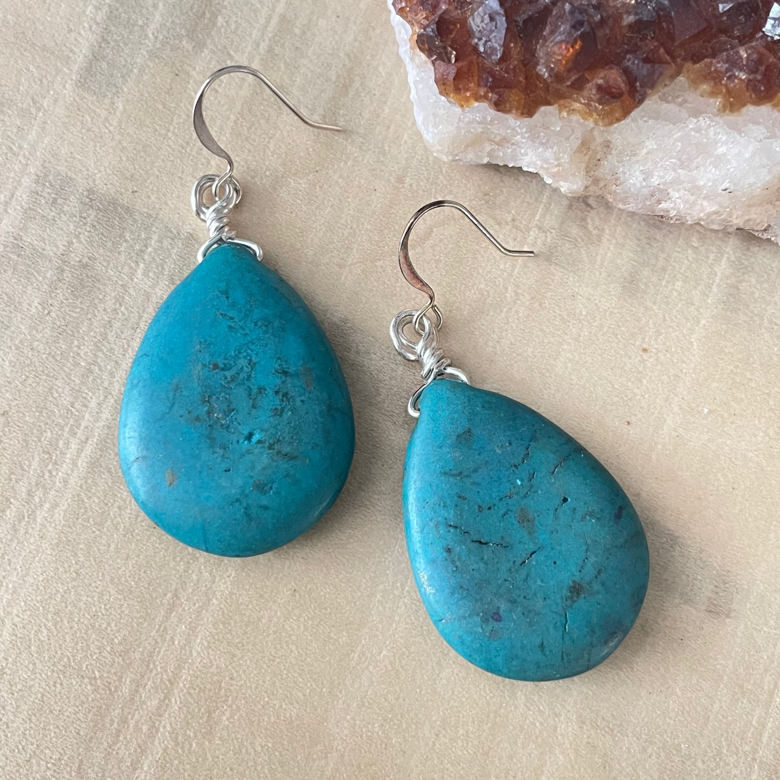 Large Turquoise Teardrop Statement Earrings 2" Boho Wrapped Wire Accent Southwestern Western Women Gift Everyday Fashion Handmade Jewelry