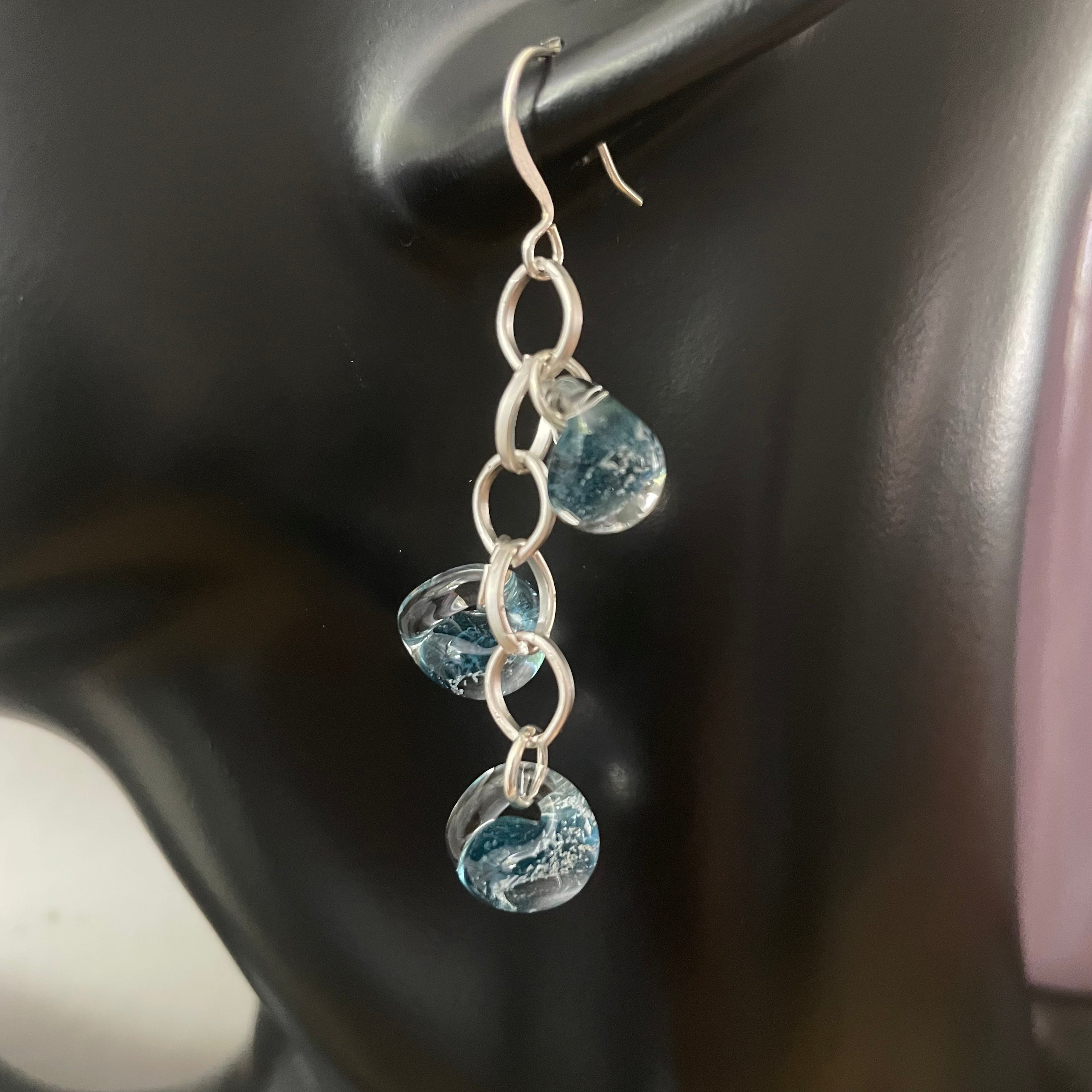 Speckled Clear Blue Glass & Chain Dangle Earrings 2” Boho Layered Translucent Women Gift Everyday Fashion Handmade Jewelry