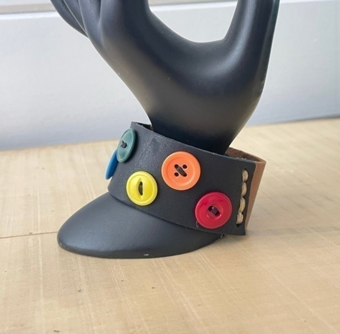 Repurposed Rainbow Button & Leather Cuff Bracelet 7.5" Black Brown Unisex LGBT Pride Ally Upcycled Hand Crafted