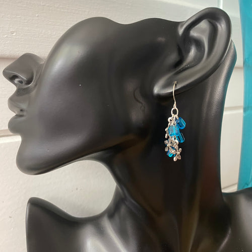 Mini Square Blue Glass Bead & Antiqued Flower Dangle Earrings 1.5” Geometric Floral Mixed Metal Women Gift Everyday Fashion Handmade Jewelry