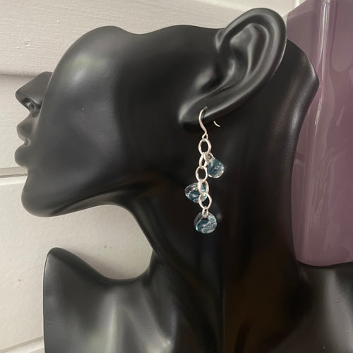 Speckled Clear Blue Glass & Chain Dangle Earrings 2” Boho Layered Translucent Women Gift Everyday Fashion Handmade Jewelry