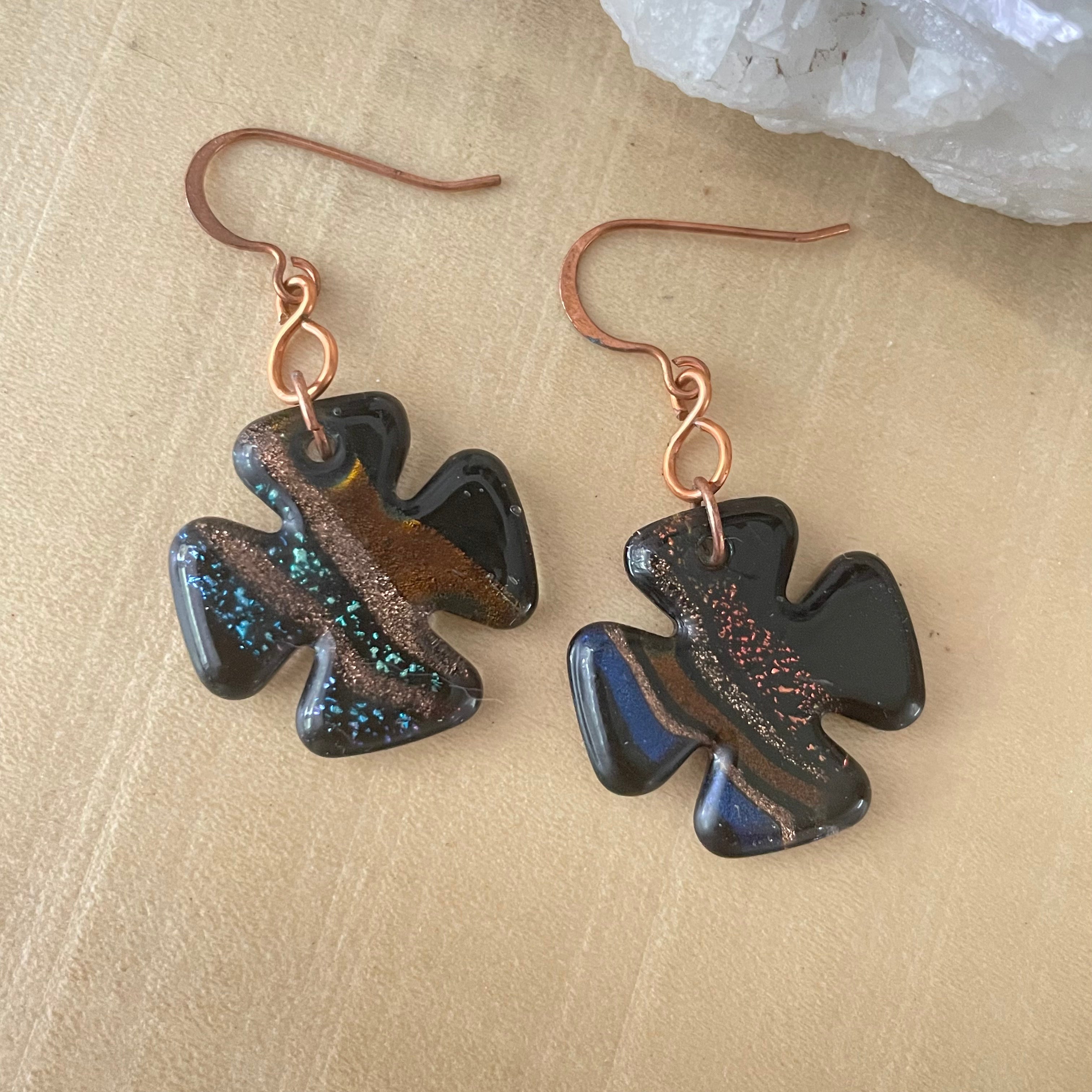 Dark Sparkling Glass Cross & Copper Dangle Earrings 1.75” Black Multicolor Boho