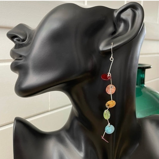Long Rainbow Shell Dangle Earrings 4” Colorful LGBTQIA+ Geometric Angled Elegant