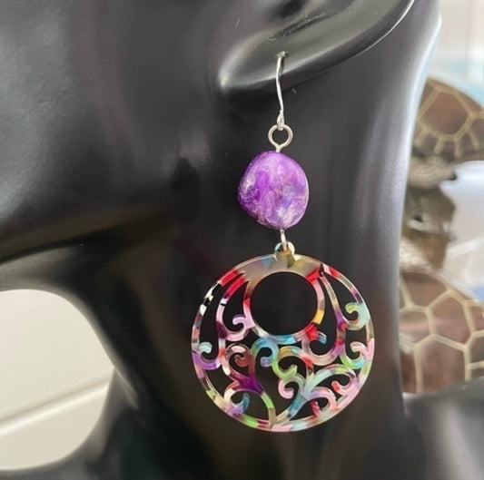 Rainbow Acrylic Hoop Earrings Purple Shell Accent 3" Colorful Pride
