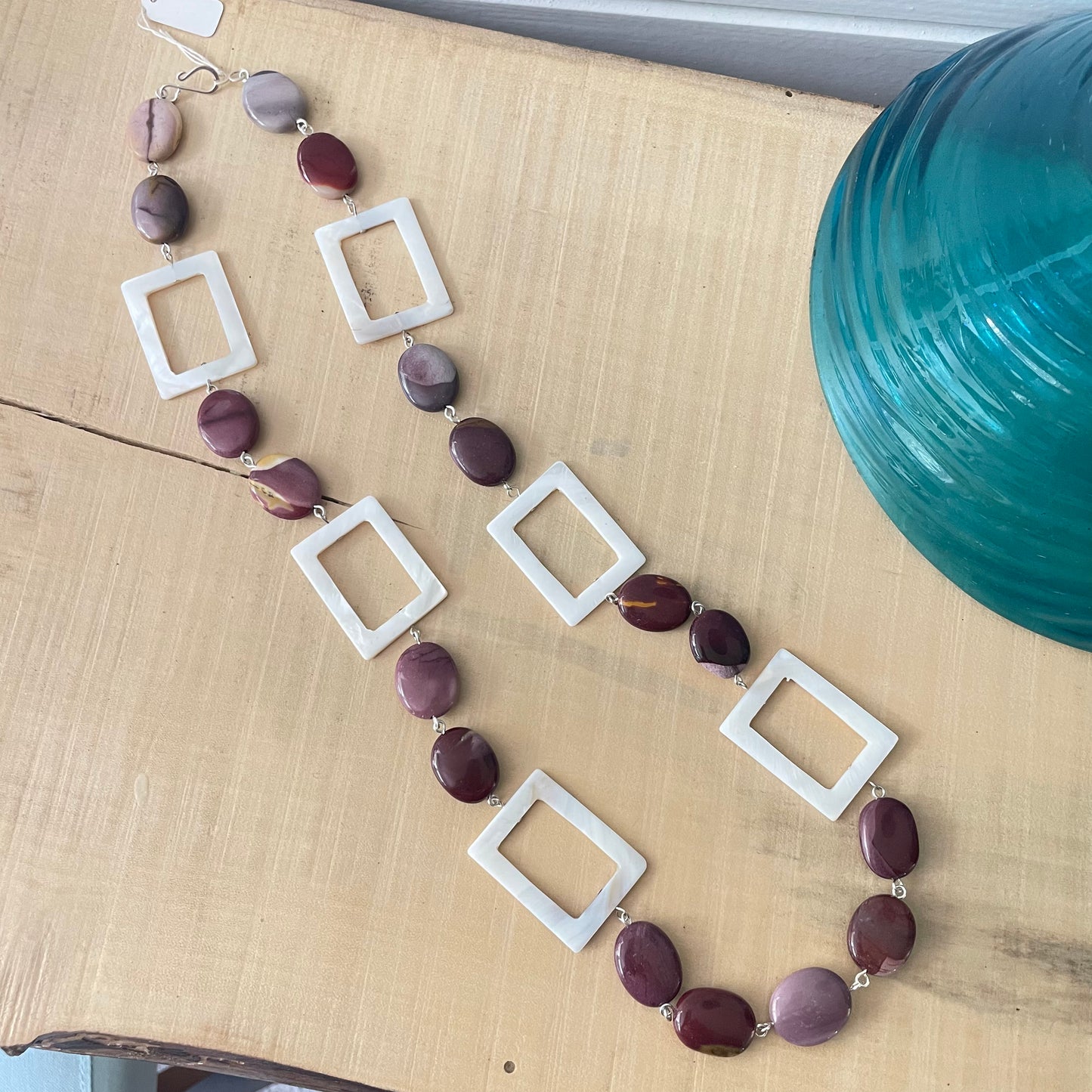 Marbled Moukaite Jasper & Iridescent Shell Necklace 29" Geometric Multicolor Mauve Cream Ivory Hand Crafted