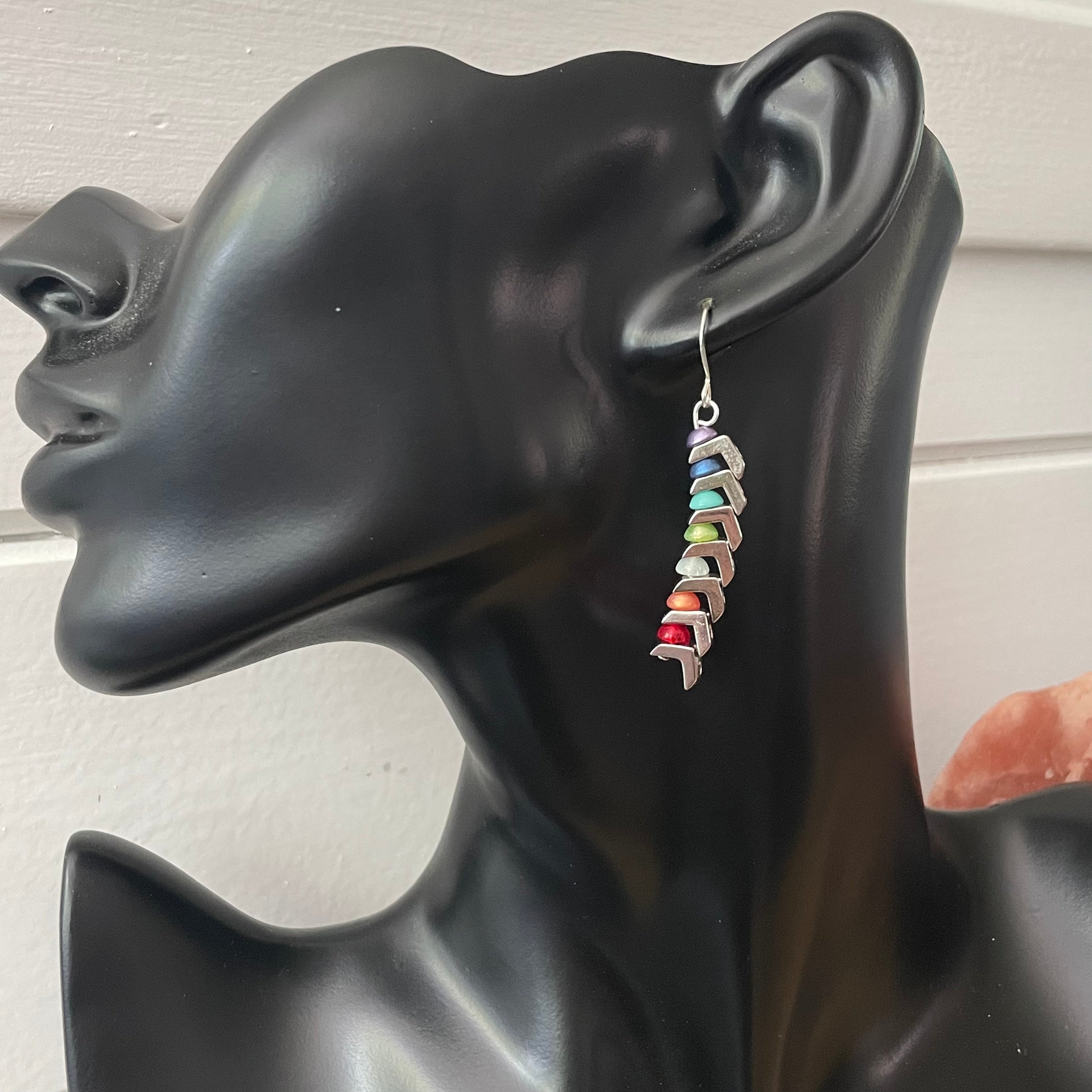Chakra Aligned Metal Chevron & Czech Glass Disc Earrings 2" Statement Colorful Geometric Rainbow Angled