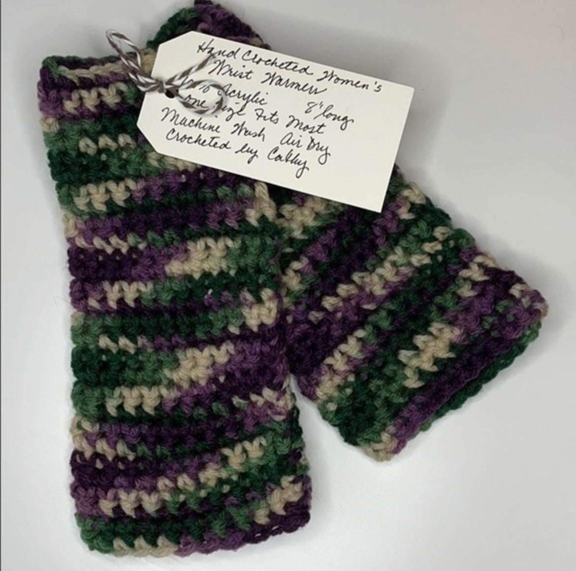 Gaming Texting Fingerless Gloves Marbled Purple Green Tan Crochet Knit Writing Tech Wrist Warmers